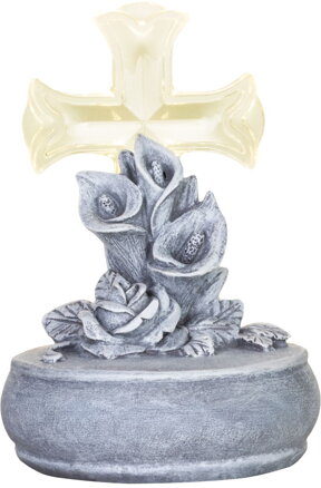Dekorácia MagicHome, Kríž s kvetmi, LED, polyresin, na hrob, solar, 12x12x17 cm
