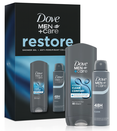 DOVE darčeková kazeta Clean Comfort (Sprchový gél 400ml + Deo sprej 150ml)