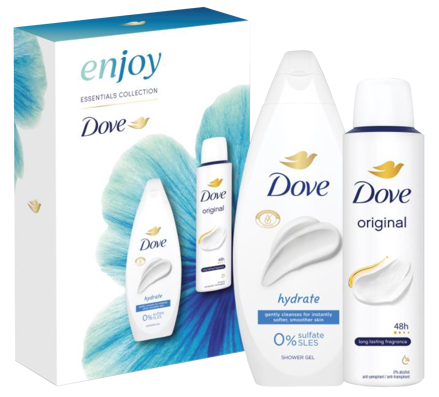 DOVE darčeková kazeta Hydrate (Sprchový gel Hydrate 250ml, Deo sprej Gentle Original 150ml)