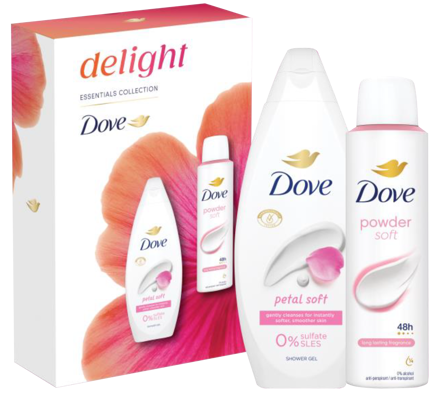 DOVE darčeková kazeta Petal soft (Sprchový gel Petal Soft 250ml + Deo sprej 150ml Powder Soft 150ml)