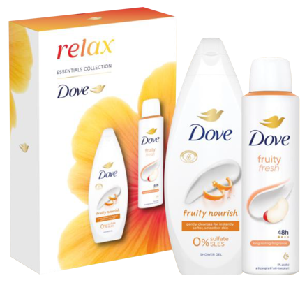 DOVE darčeková kazeta Fruity Nourish (Sprchový gél 250ml + Deo sprej 150ml)