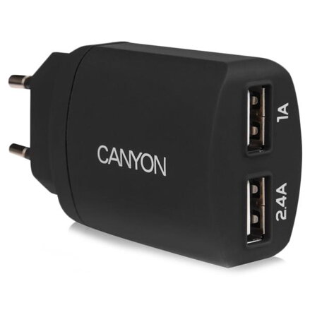 Canyon CNE-CHA22B duálna USB nabíjačka do zásuvky v stene, 2.4A. čierna
