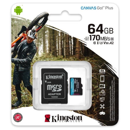 KINGSTON Canvas GO! Plus Micro SDXC 64GB Class 10, UHS-I, U3, V30, A2 s adaptérom (SDCG3/64GB)