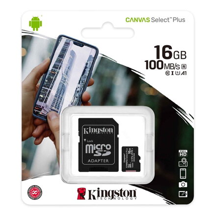 KINGSTON Canvas SELECT Plus Micro SDHC 16GB Class 10 UHS-I s adaptérom (SDCS2/16GB)