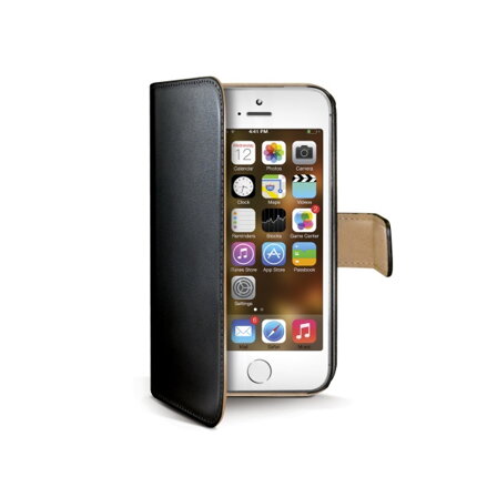 Púzdro typu kniha CELLY Wally pre Apple iPhone 5/5S/SE, PU koža, čierne