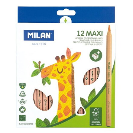 Pastelky MILAN Maxi trojuholníkové 5 mm 12 ks + strúhadlo