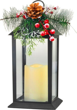 Lampáš MagicHome Vianoce, s vetvičkou, plast, čierny, 1xLED žltá, 14x14x32.2 cm, 3xAAA, pohyblivý plameň