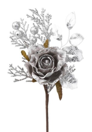 Vetvička s ružou sivá 26cm