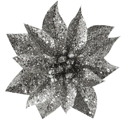 Kvet GlitterPoinsettia, so štipcom, strieborný 9x8cm