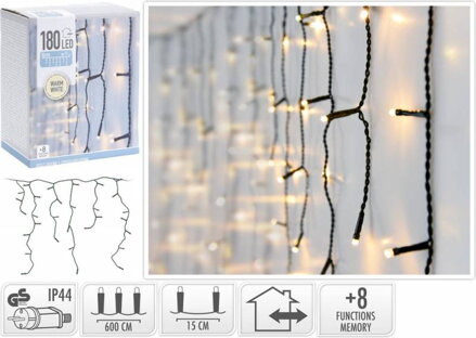 Svetlo vianočné cencúle 180 LED, teplé biele s funkciami, vonkajšie