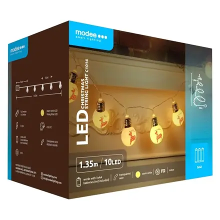 Modee Lighting LED vianočná reťaz 10 LED 1,35m 3xAA teplá biela vianočná guľa