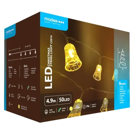 Modee Lighting LED vianočná reťaz 50 LED 4,9m zvončeky, teplá biela