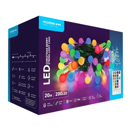 Modee Lighting LED vianočná reťaz 200 LED 20m multicolor bobule + diaľkové