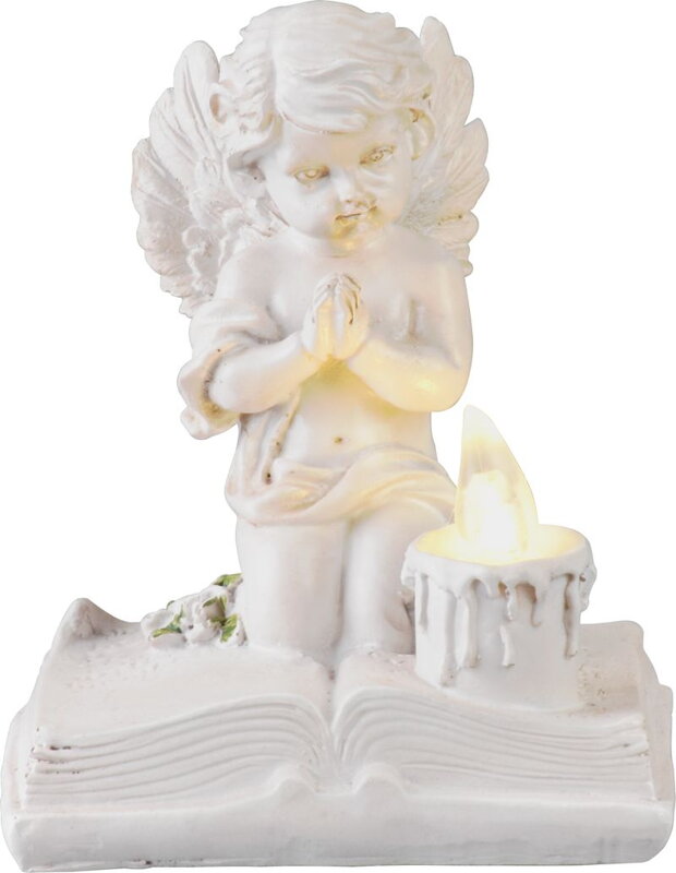 Dekorácia MagicHome, Modliaci anjelik na knihe, LED, polyresin, na hrob, 11,5x7,5x13,5 cm