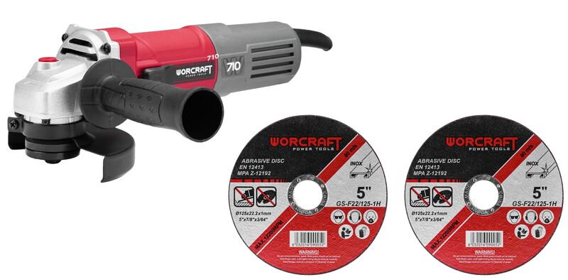 Brúska Worcraft AG08-125P, 710W, 125 mm, M14, uhlová, PROMO + 2 kotúče Brúska Worcraft AG08-125P, 710W, 125 mm, M14, uhlová, PROMO + 2 kotúče