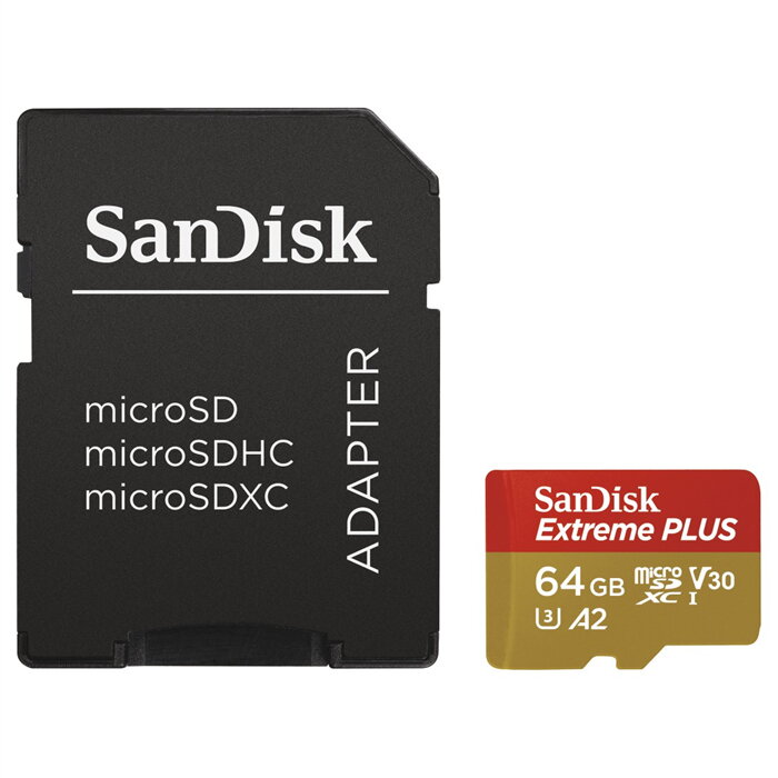 SanDisk Extreme Plus micro SDXC 64 GB 170 MB/s A2 C10 V30 UHS-I U3, adapter