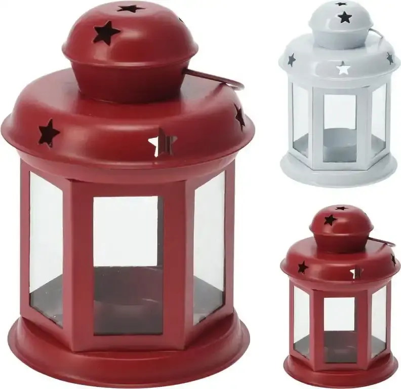 Lampáš svietnik na čajovú sviečku 11x9x13 cm kov/sklo červený/biely mix