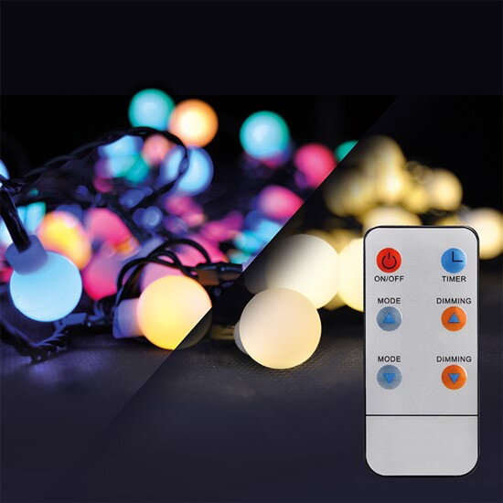 Solight 1V09-RGB LED 2v1 vonkajšia vianočná reťaz, gule, diaľkový ovládač, 200LED, RGB + biela, 20m+ 5m, 8 funkcií, IP44