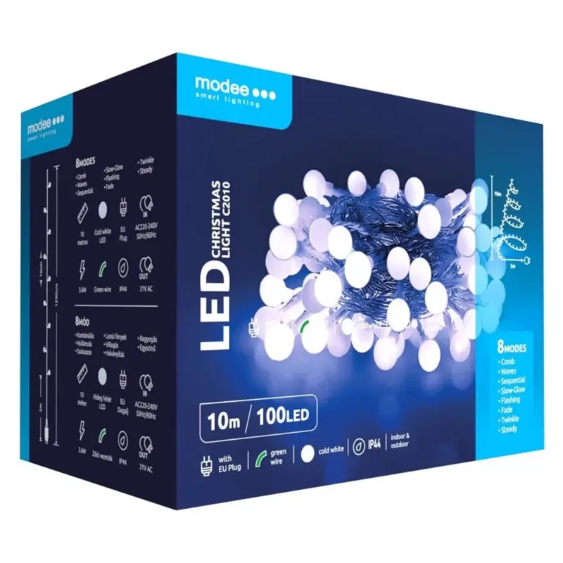 Modee Lighting LED vianočná reťaz 100 LED 10m studená biela bobule