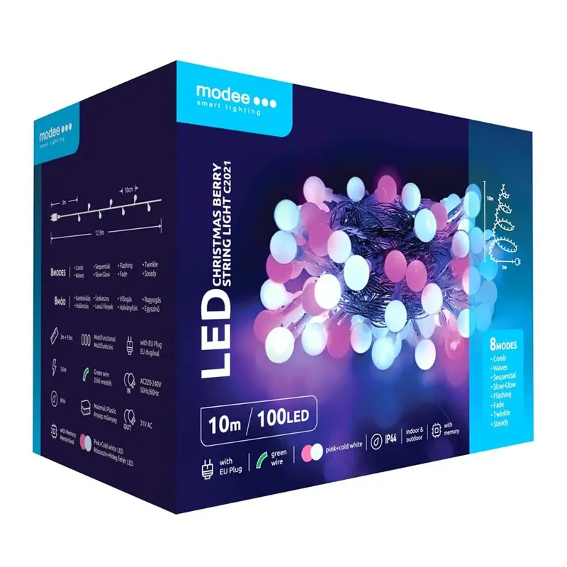 Modee Lighting LED vianočná reťaz 100 LED 10m ružová/biela bobule