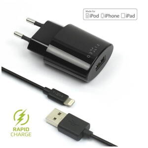 Set sieťovej nabíjačky FIXED s USB výstupom a USB/Lightning kábla, 1 meter, PFI certifikácia, 12W, čierna