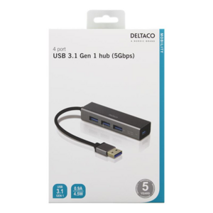 DELTACO UH-486, USB Hub, 4x USB Type A, šedý