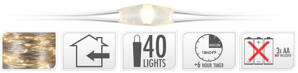 Svetlo vianočné 40 LED teplé biele, reťaz strieborná, s časovačom, baterky, vnútorné