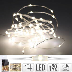 Svetlo vianočné 20 LED teplé biele, reťaz strieborná, s časovačom, baterky, vnútorné