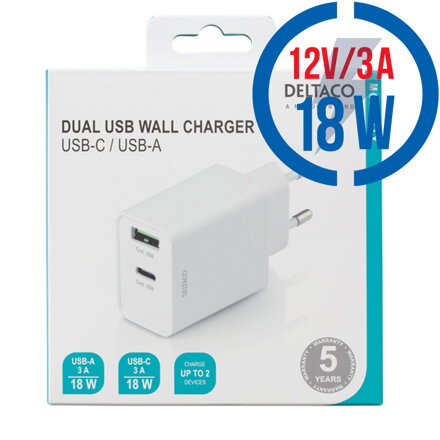 DELTACO USBC-AC136, 1x USB A/1xType C, Nabíjačka