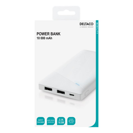 DELTACO PB-A1001, Powerbank 10000mAh, 2x USB, biela