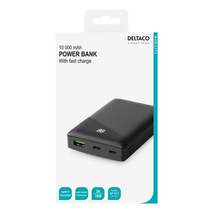 DELTACO PB-C1000, Powerbank 10000mAh, 1x USB/1x USB Type C, čierna