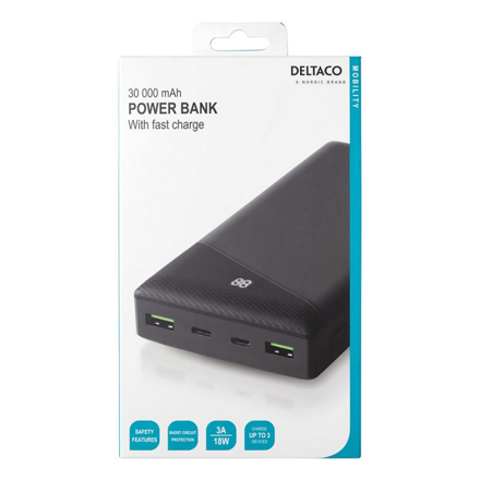 DELTACO PB-C1002, Powerbank 30000mAh, 2x USB/1x USB Type C, čierna
