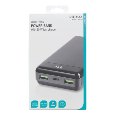 DELTACO PB-C1003, Powerbank 20000mAh, 60W, 2x USB/1x USB Type C, čierna