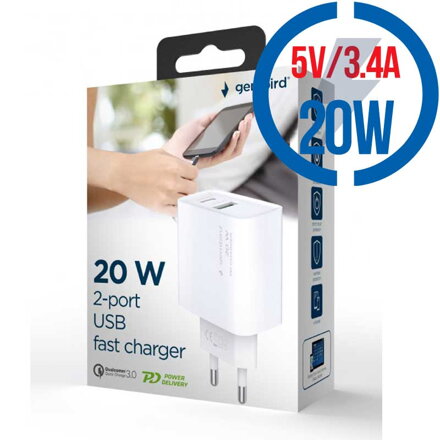 GEMBIRD Rýchlo nabíjačka USB/USB Type C, 20W, 5V/3,4A, biela (TA-UC-PDQC20-01-W)