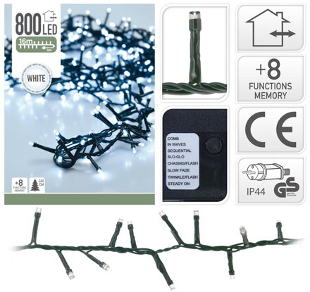 Svetlo vianočné 800 LED studené biele, s funkciami, 16m, na 240 cm stromček, vonkajšie/vnútorné
