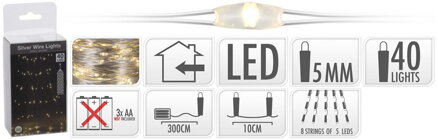 Svetlo vianočné 40LED teplé biele, 8xdrôt, na baterky, kaskáda