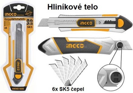 Nôž lamaci 18mm ALU s tlačítkom INGCO 6x čepel