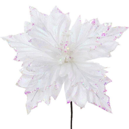 Ozdoba zapichovacia kvet poinsettia biela trblietavá