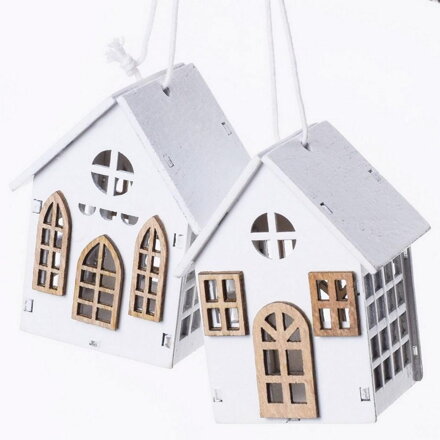 Ozdoba závesná domček 5x4x6 cm sada 2 ks drevo biely mix