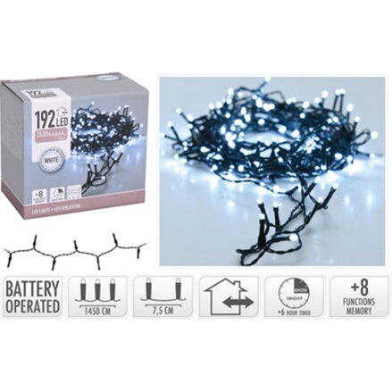 Svetlo vianočné 192 LED studené biele, 14,5 m, s časovačom, s funkciami, batérie, vonkajšie/vnútorné