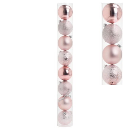 Ozdoba závesná guľa 8cm sada 8ks plast bledo-ružová mix Ozdoba závesná guľa 8cm sada 8ks plast bledo-ružová mix