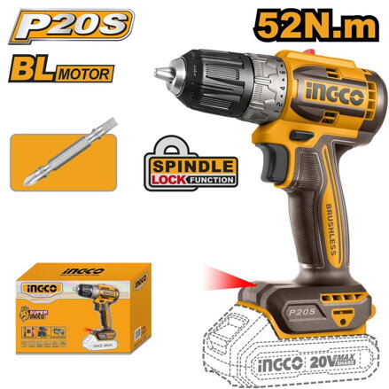 Vŕtačka bezkartáčová LI-ION CDLI204531 INGCO AKU 20V P20S INDUSTRIAL bez akumulátora a nab.