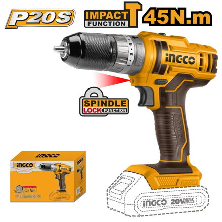 Vŕtačka s príklepom Lítium-Iónová CIDLI201455 INGCO AKU 20V P20S INDUSTRIAL bez akumulátora a nab.