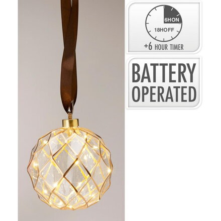 Ozdoba závesná guľa LED 14cm s časovačom, batérie zlatá