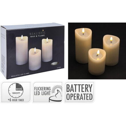 Sviečka LED 7x10/12,5/15 cm sada 3 ks s časovačom ivory