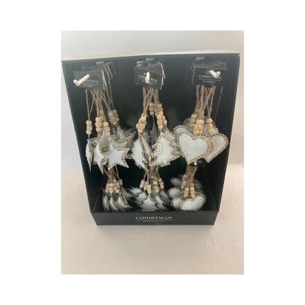 Ozdoba závesná srdce/stromček/hviezda kov biela+šampaň Ozdoba závesná srdce/stromček/hviezda kov biela+šampaň