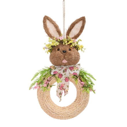 Ozdoba závesná zajac s kvetmi 29x60 cm slama