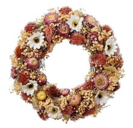 Veniec jarný závesný 32 cm slamienky krém/ružový kvet prírodný