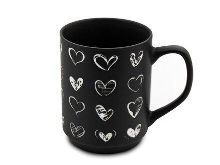 Hrnček porcelánový 340ml, čierny, dekor biele srdiečka