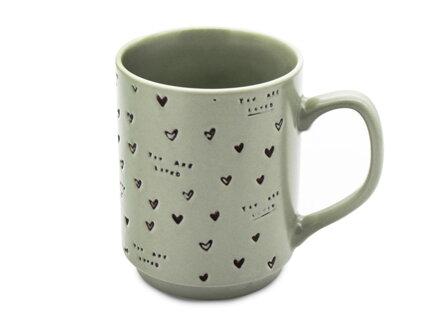 Hrnček porcelánový 340ml, zelený, dekor srdiečka
